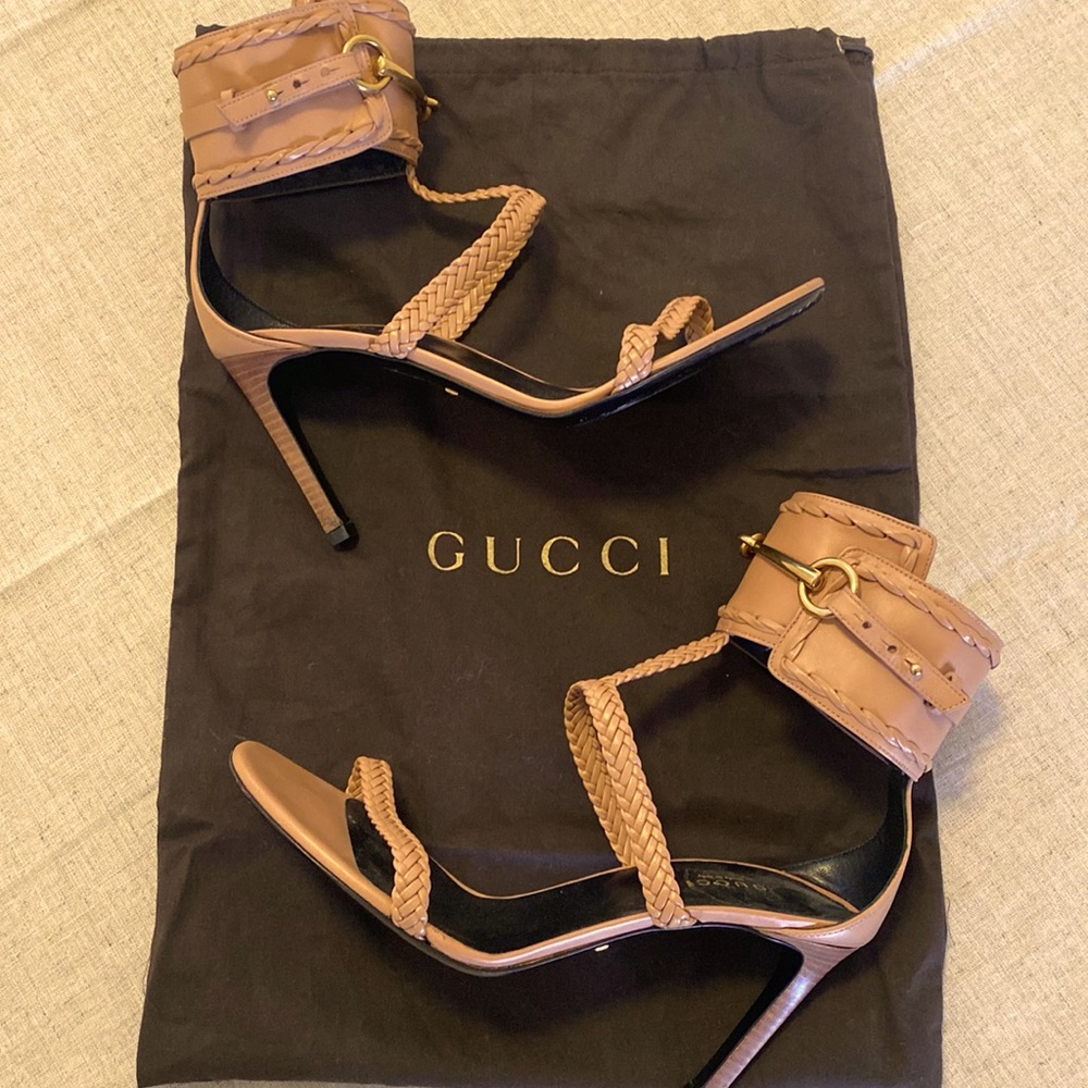 Gucci Tan Braided Leather Ankle Strap Stiletto Sandals